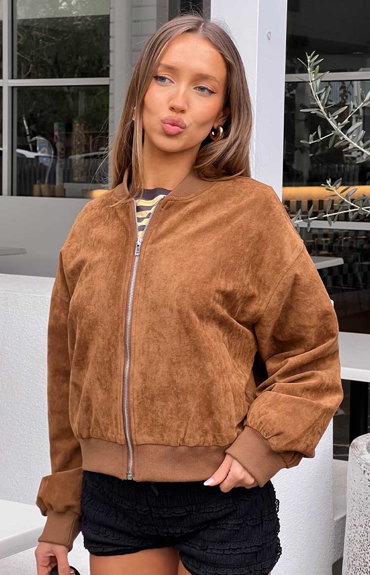 Rebecca Cuffed Suedette Bomber Jacket | Tan