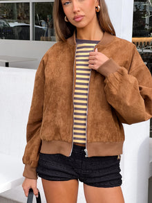 Rebecca Cuffed Suedette Bomber Jacket | Tan