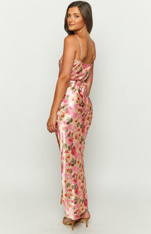 Close-up of the self-tie waist detail on the back of the cream satin maxi dress with pink and red floral print