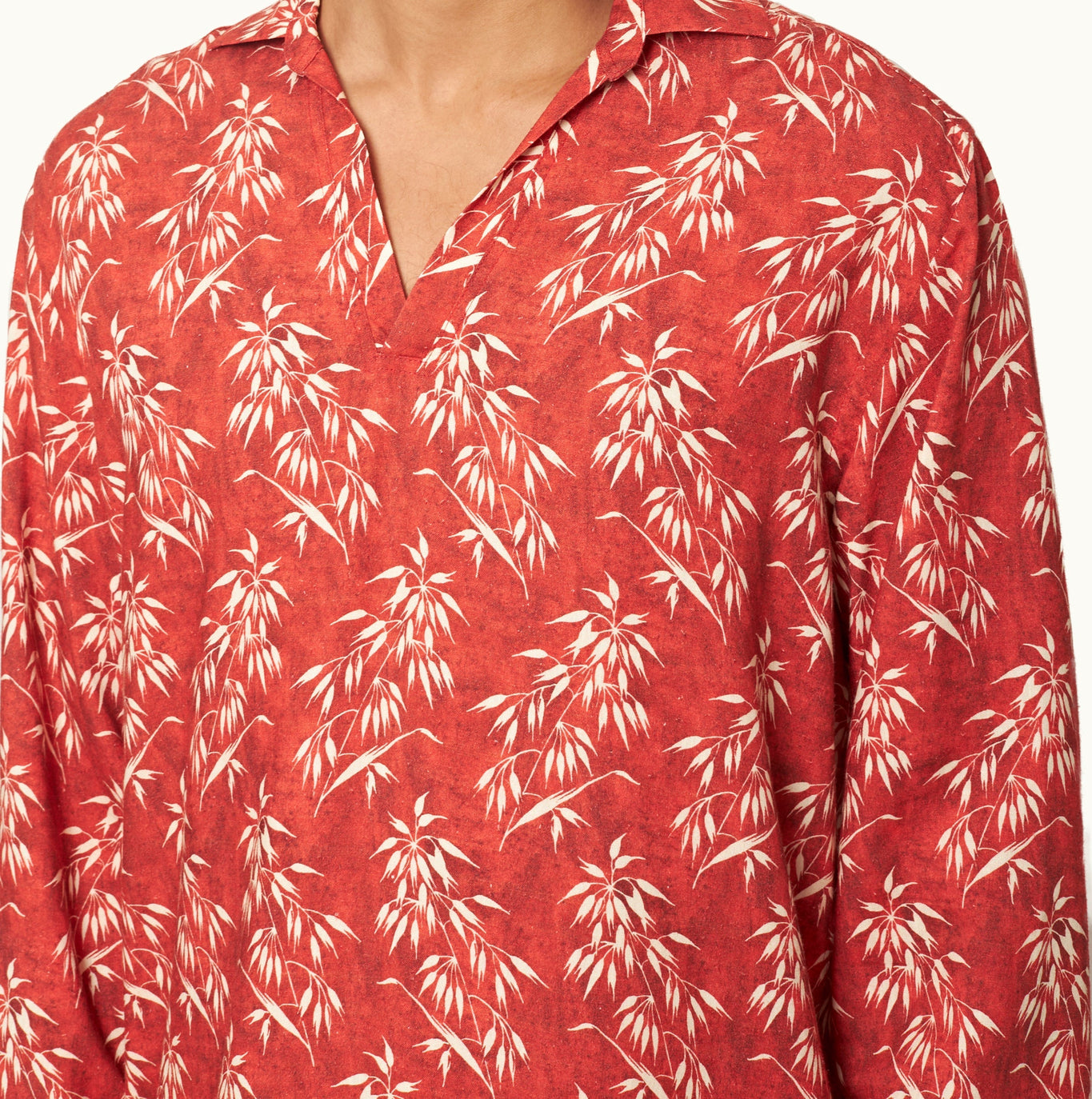 Ridley Relaxed Fit Open Resort Placket Bamboo Print Linen Shirt | Summer Red/White Sand