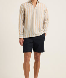 Ridley Relaxed Fit Open Resort Placket Soft Stripe Cotton Shirt | Blue/Biscuit Stripe