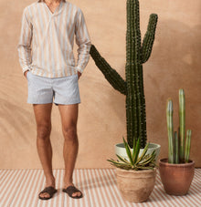 Ridley Relaxed Fit Open Resort Placket Soft Stripe Cotton Shirt | Blue/Biscuit Stripe
