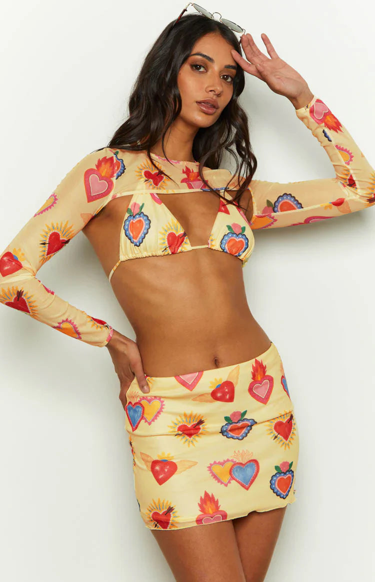 Rosaline Heart Printed Mesh Mini Skirt | Yellow