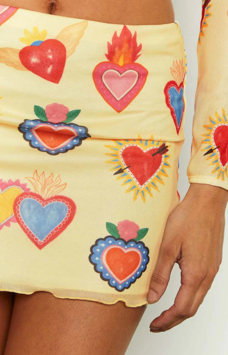Rosaline Heart Printed Mesh Mini Skirt | Yellow