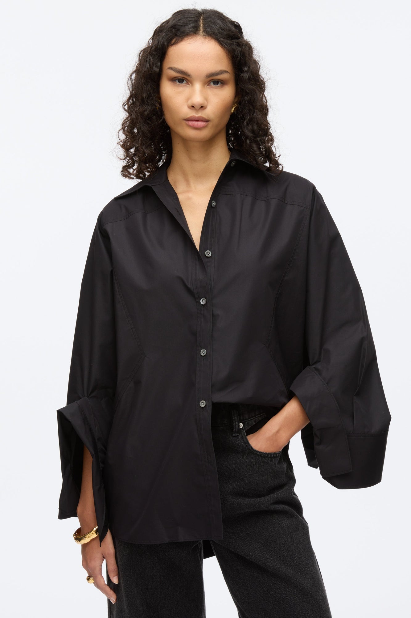 Oversize Shirt with Cascade Cuff | Black