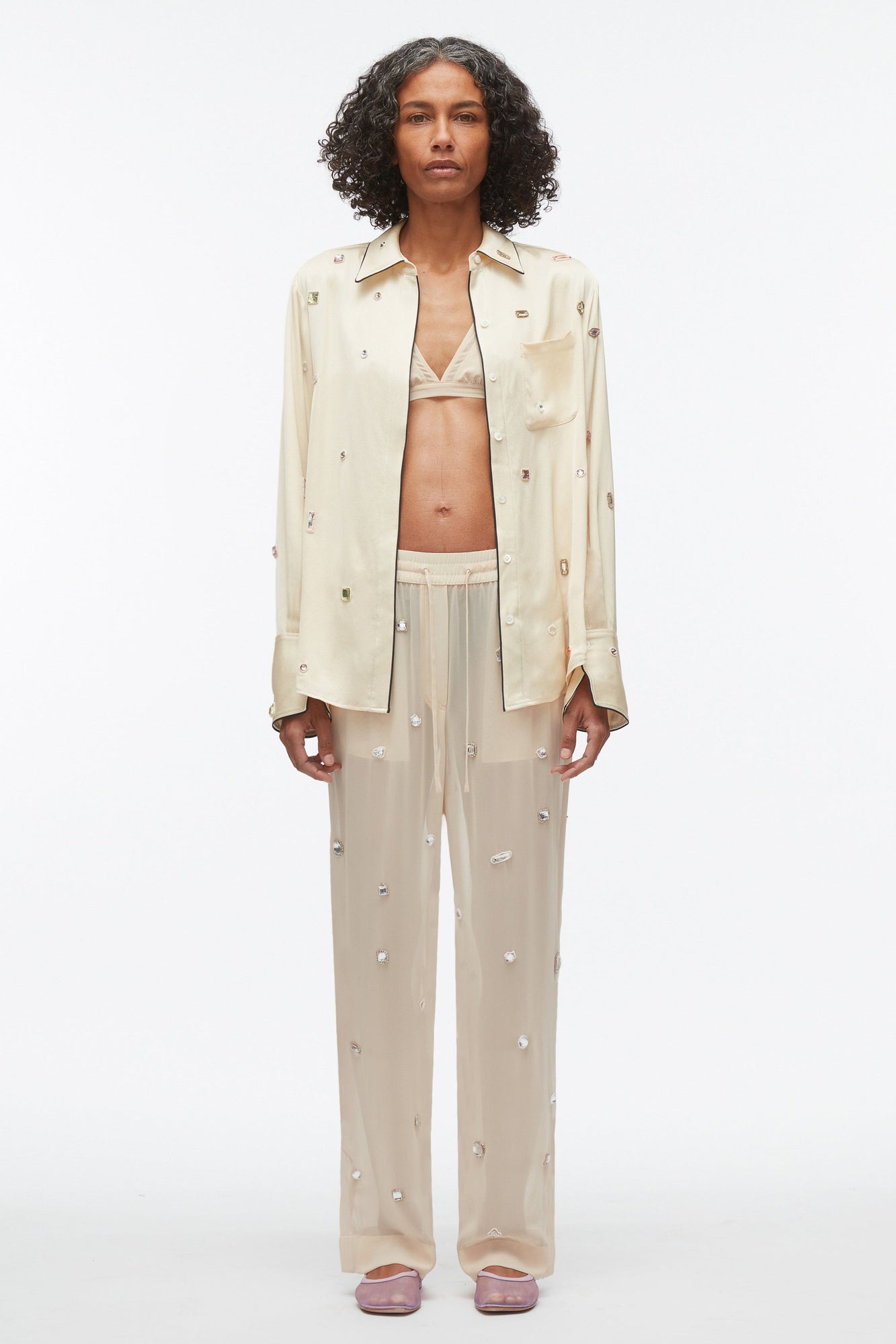 Halo Embroidered Chiffon Pant | Champagne