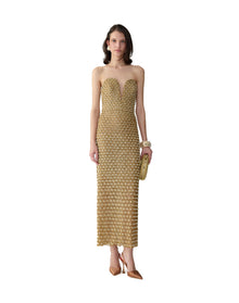 Embroidered Strapless Deep V Column Dress | Gold