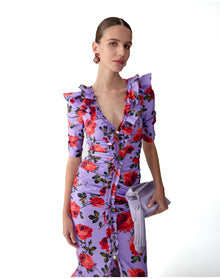 Short Sleeve V-Neck Gathered Midi Dress | Violeta Multi
