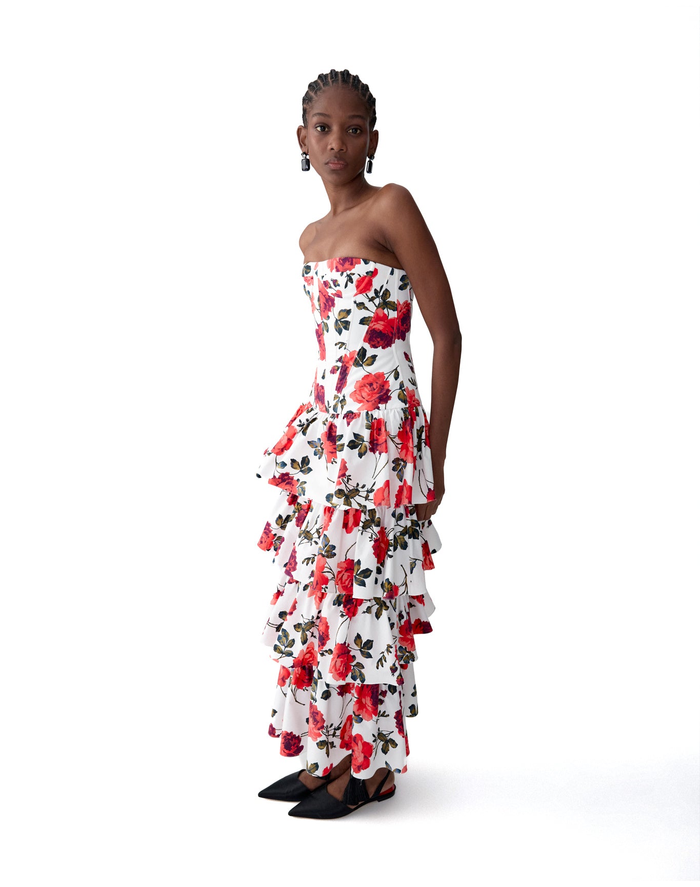 Strapless Corseted Tiered Ruffle Dress | White Multi