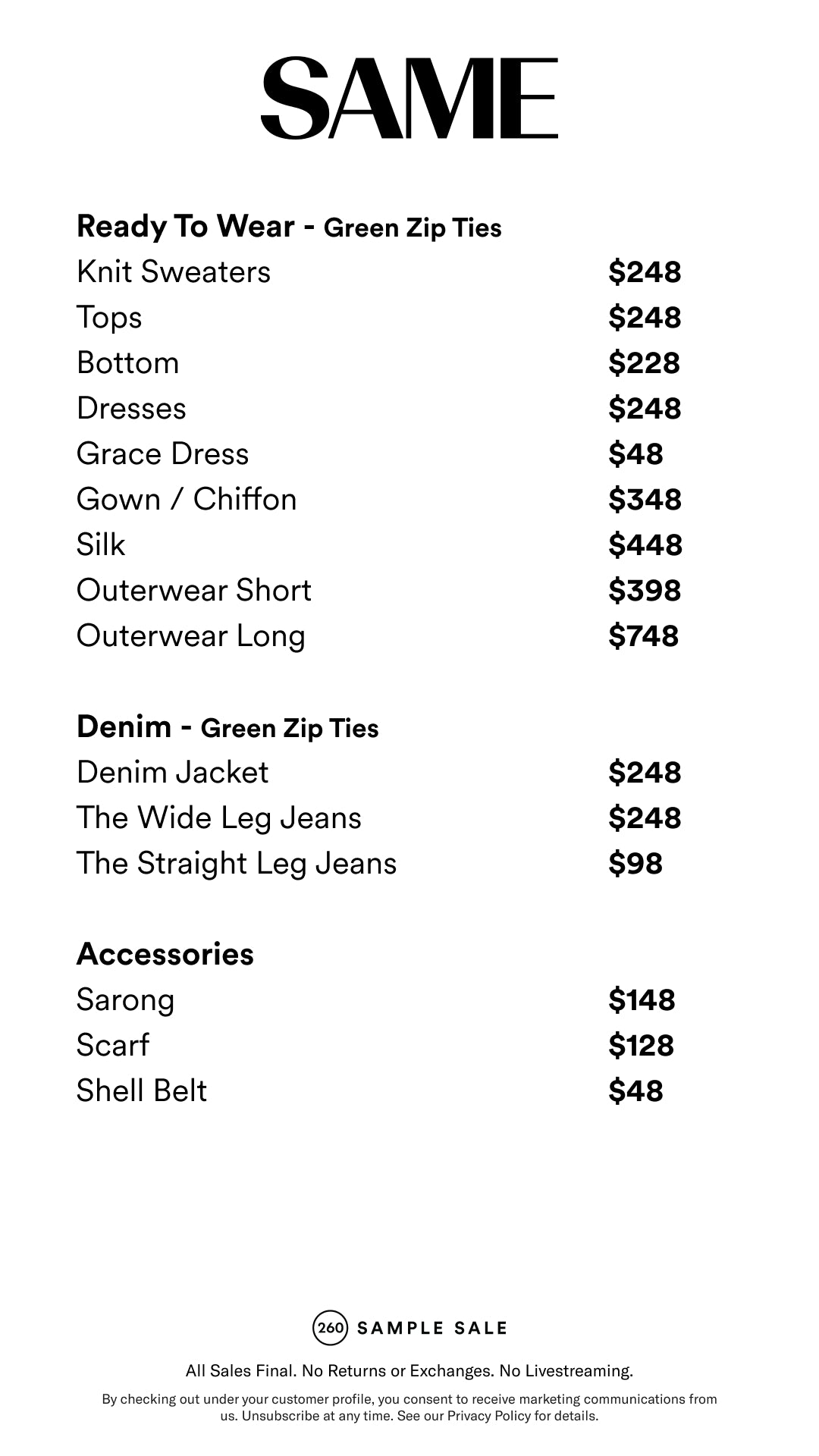 Price table
