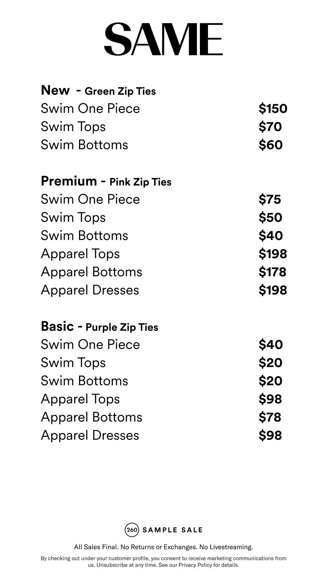 Price table