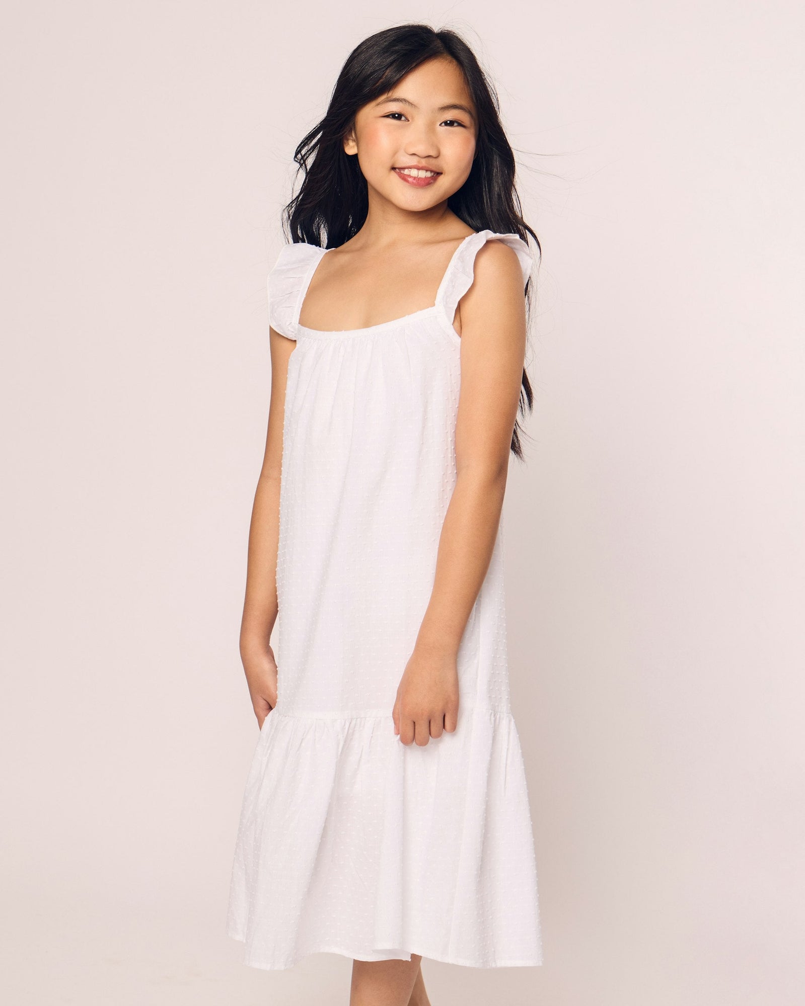 Girls White Swiss Dots Celeste Day Dress in Swiss Dots#Color_Swiss Dots