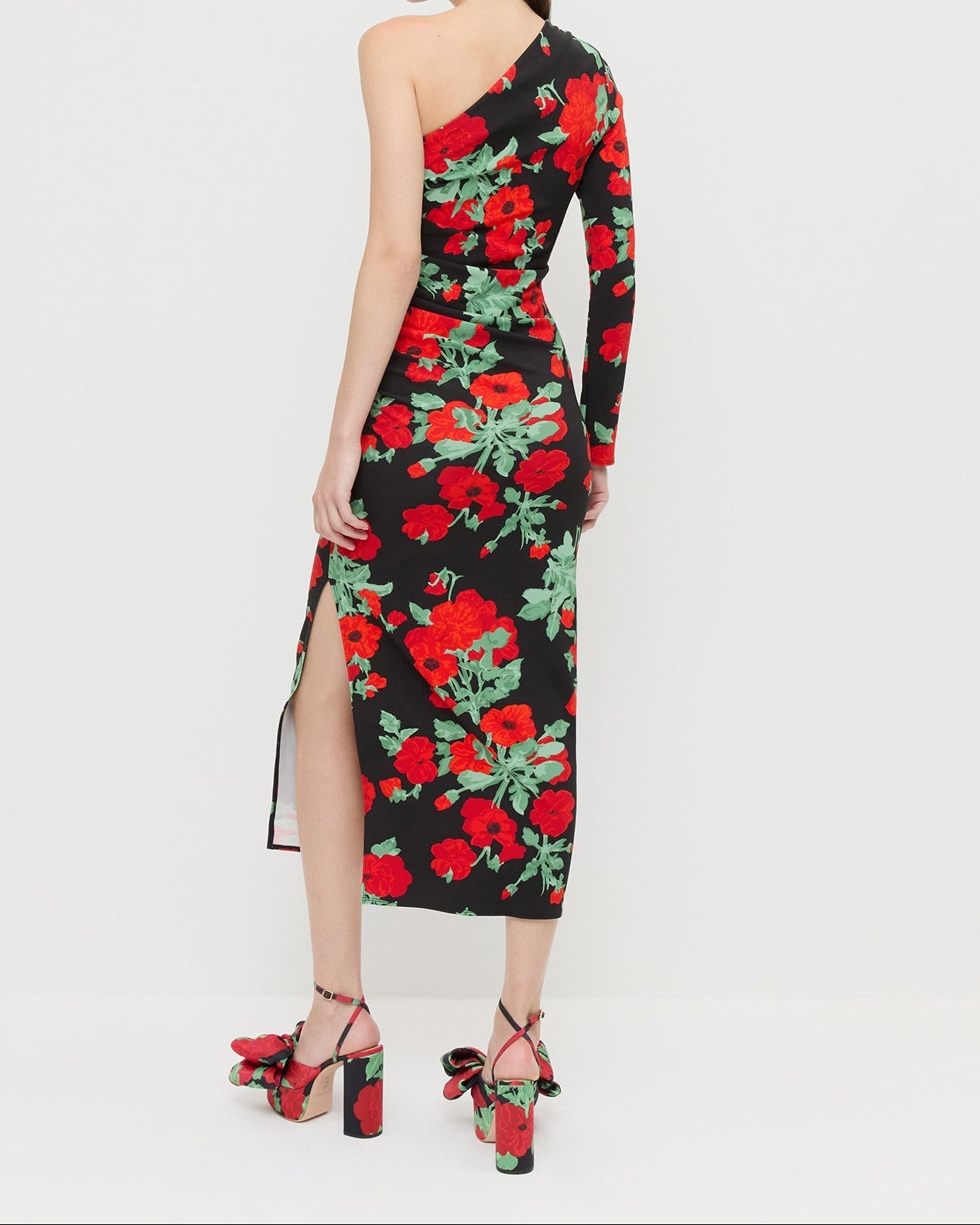 Selena Dress in black floral jersey fabric and Kiki Black Floral Platform Sandal.