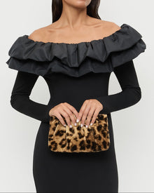 Serena Leopard Gathered Velvet Clutch in leopard print velvet and Suki Dress in black jersey fabric.