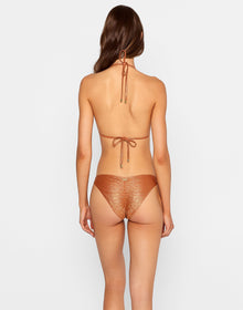 Model wearing the 'Shannon Triangle Top & Nadia Skimpy Bottom - Gold Diamond,' a metallic bikini set in a rich copper-gold hue with a textured diamond finish. The top features bold gold ring accents on the straps, while the cheeky skimpy bottom is detailed with matching gold rings for a luxe, high-glam swimwear look.