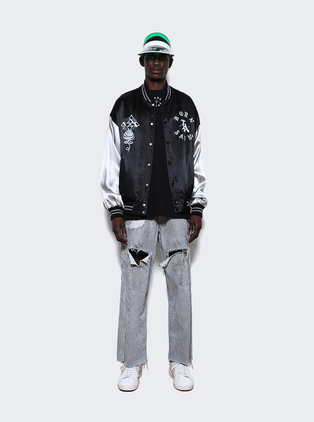 Men | Saint Mxxxxxx X Born X Raised | Satin Varsity Jacket | Black