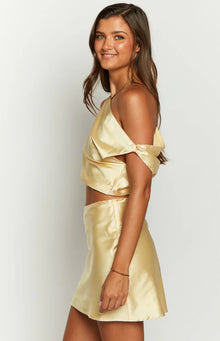 Scotlyn Satin Off The Shoulder Crop Top | Yellow