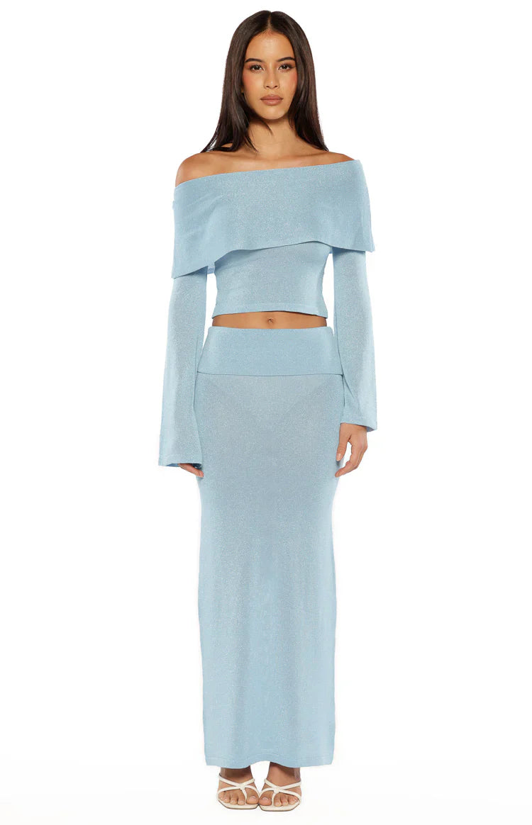 Simona Long Sleeve Off Shoulder Knit Top | Blue