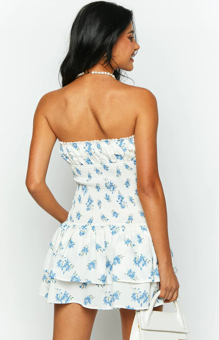 Sophia Floral Strapless Mini Dress | White