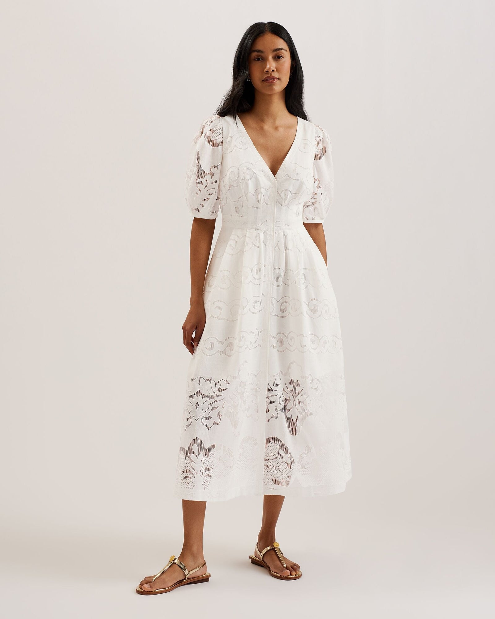 Women | Agnel Lace Puff Slv Midi Dress | White Multi