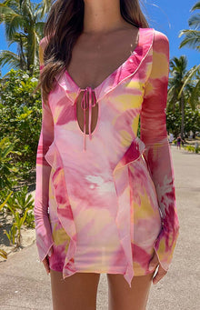 Surround Sound Floral Mesh Long Sleeve Mini Dress | Pink