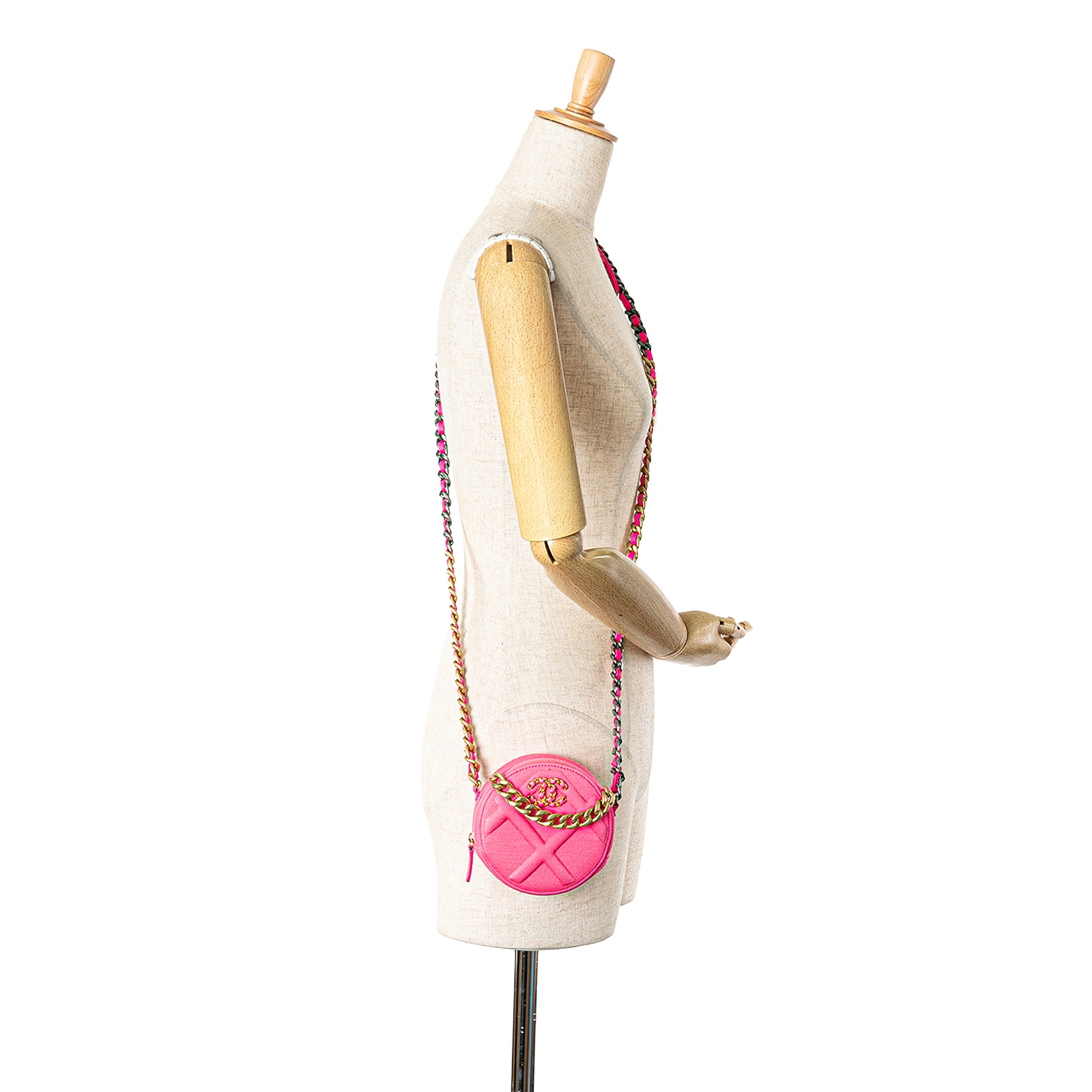 Chanel | Pre-Owned Jersey 19 Round Clutch on Chain | Pink/Hot Pink
