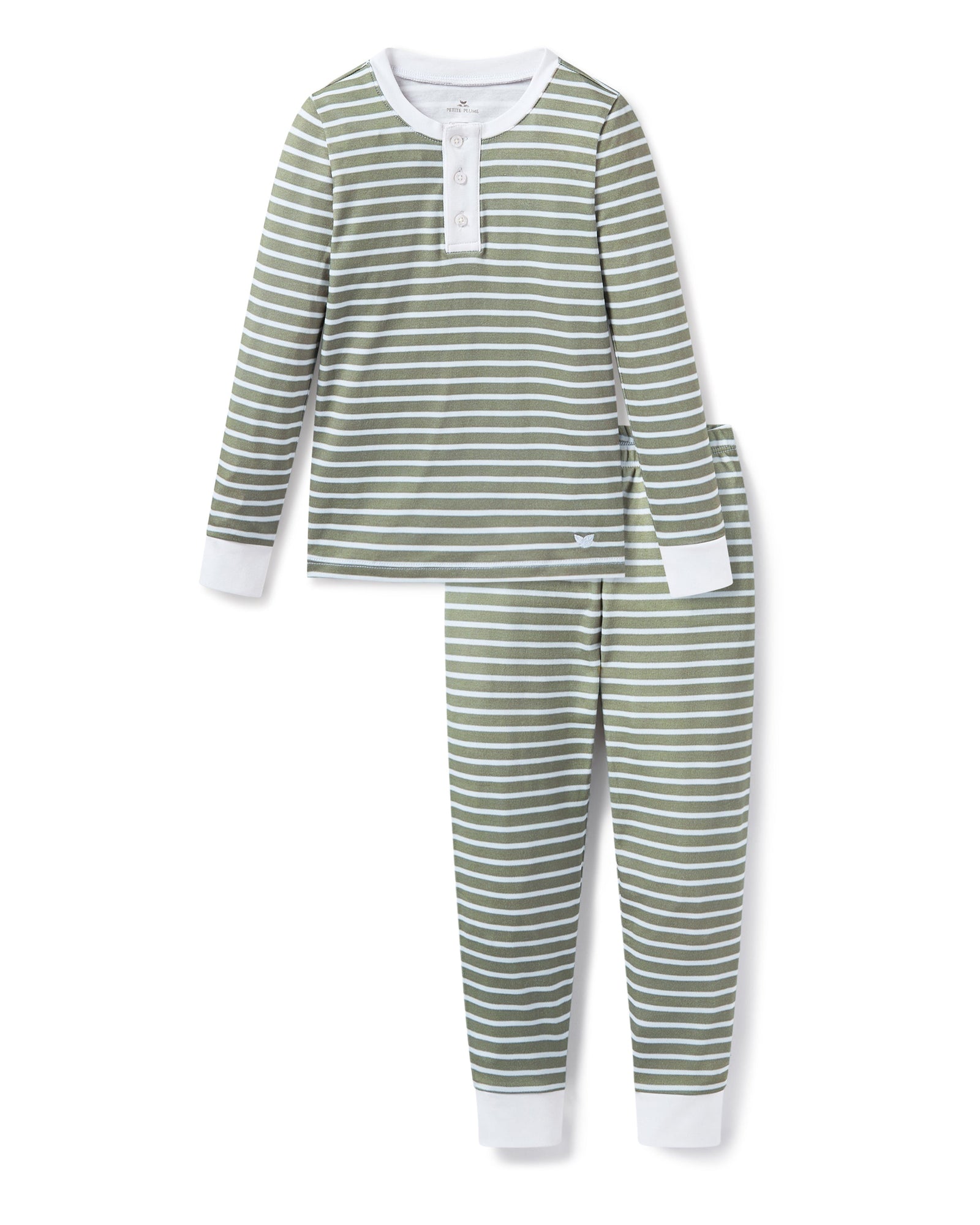 The Kid's Pima Snug Fit Pajama Set in Sage Stripe features green and white horizontal stripes, long sleeves, white cuffs at wrists and ankles, and a small button placket on the shirt. The set is displayed flat on a white background.