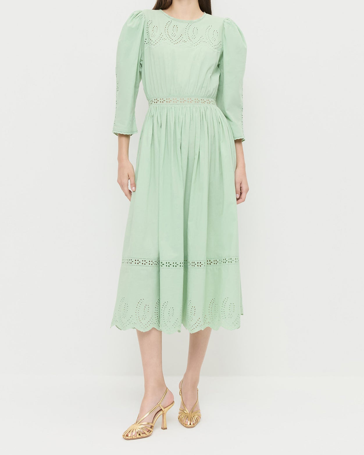 Thelma Eyelet Dress in mint green cotton and Alexandra Gold Slingback Heel.