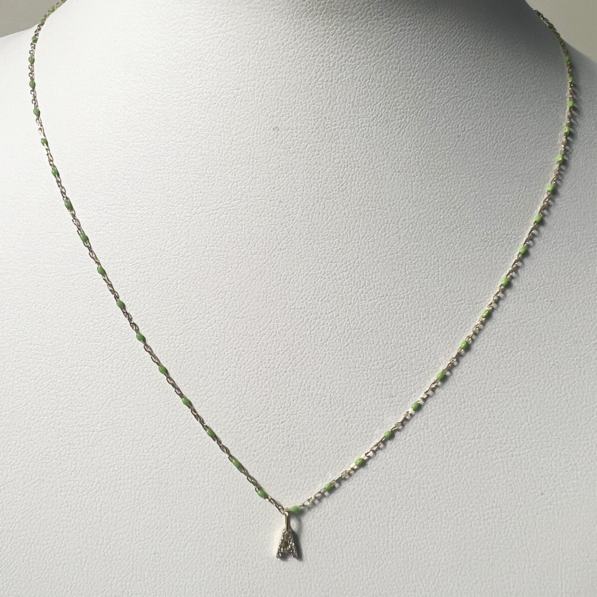 Necklace with Pave Letter | 10K Yellow Gold | White Diamond/Green Enamel Beads