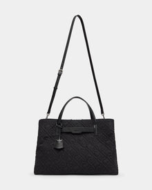 The Rudsak ASMINE - L325005 Black is a black quilted monogram tote with embossed patterns, two short handles, an adjustable shoulder strap, and a leather tag—an elegant work bag for any occasion, shown against a plain white background.