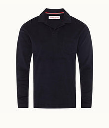 Terry Towelling O.B Stripe Tailored Fit Long-Sleeve Towelling Resort Polo Shirt | Night Iris