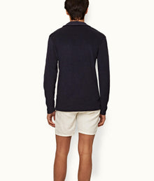 Terry Towelling O.B Stripe Tailored Fit Long-Sleeve Towelling Resort Polo Shirt | Night Iris
