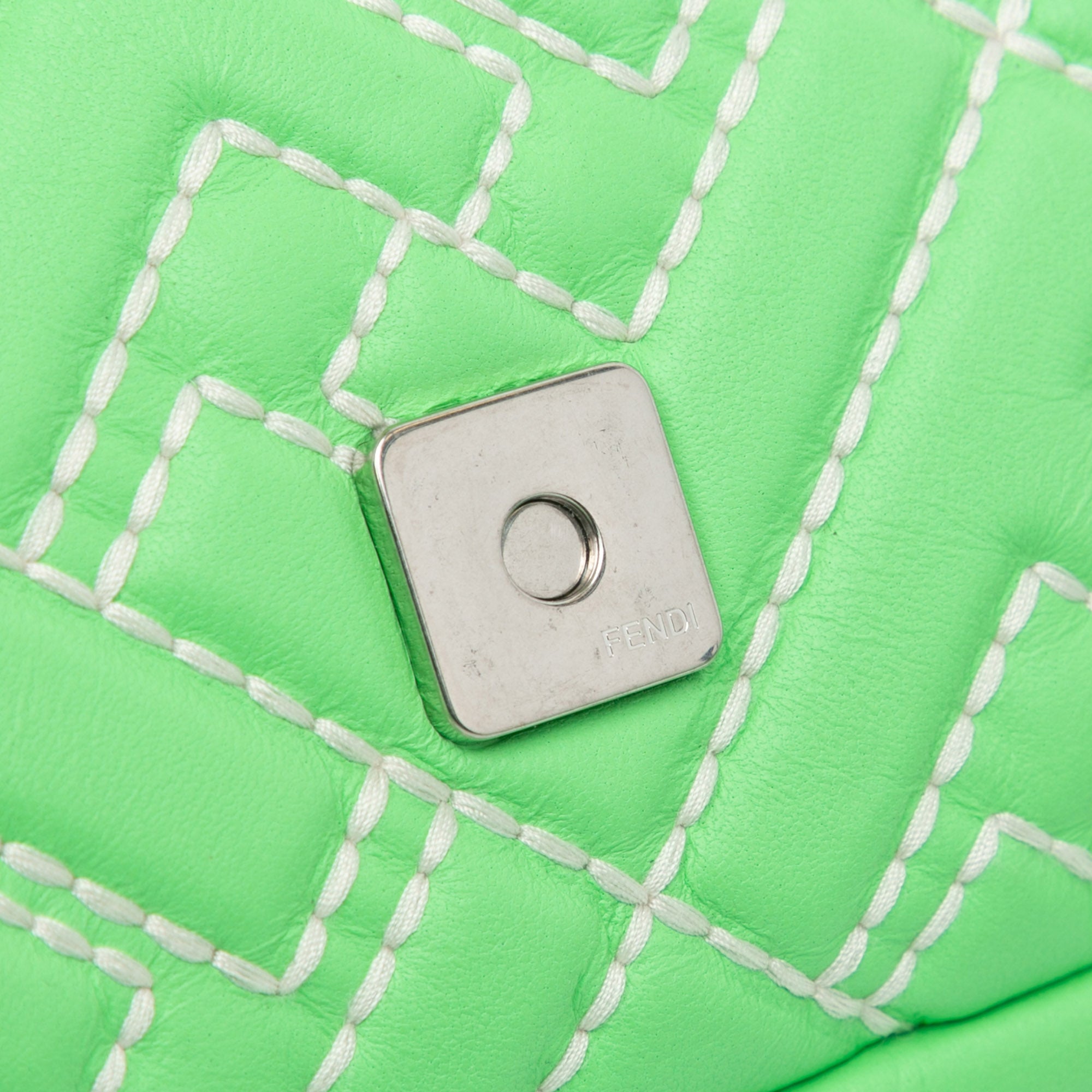 Fendi | Pre-Owned Zucca Embossed Stitched Leather Baguette Satchel - II | Green/Light Green