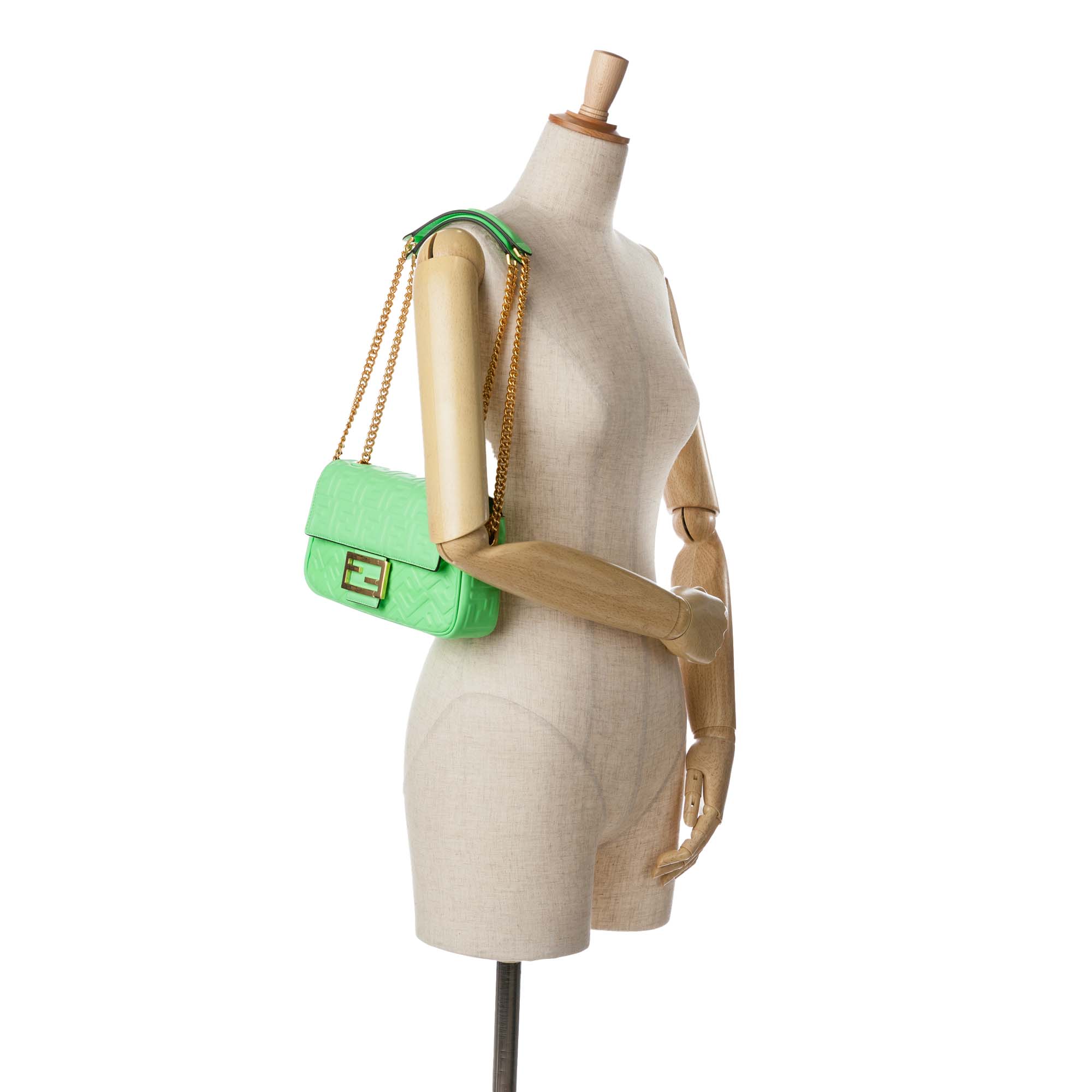 Fendi | Pre-Owned Zucca Embossed Leather Chain Midi Baguette - I | Green/Light Green