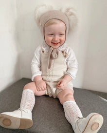 Unisex | Honeycomb Cashmere Bonnet with White Print Poms | Beige