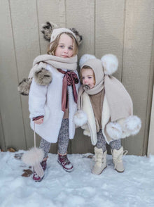 Unisex | Honeycomb Cashmere Fur Pom Scarf White Fur Poms | Beige