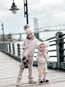 Unisex | Honeycomb Cashmere Fur Pom Scarf White Fur Poms | Beige