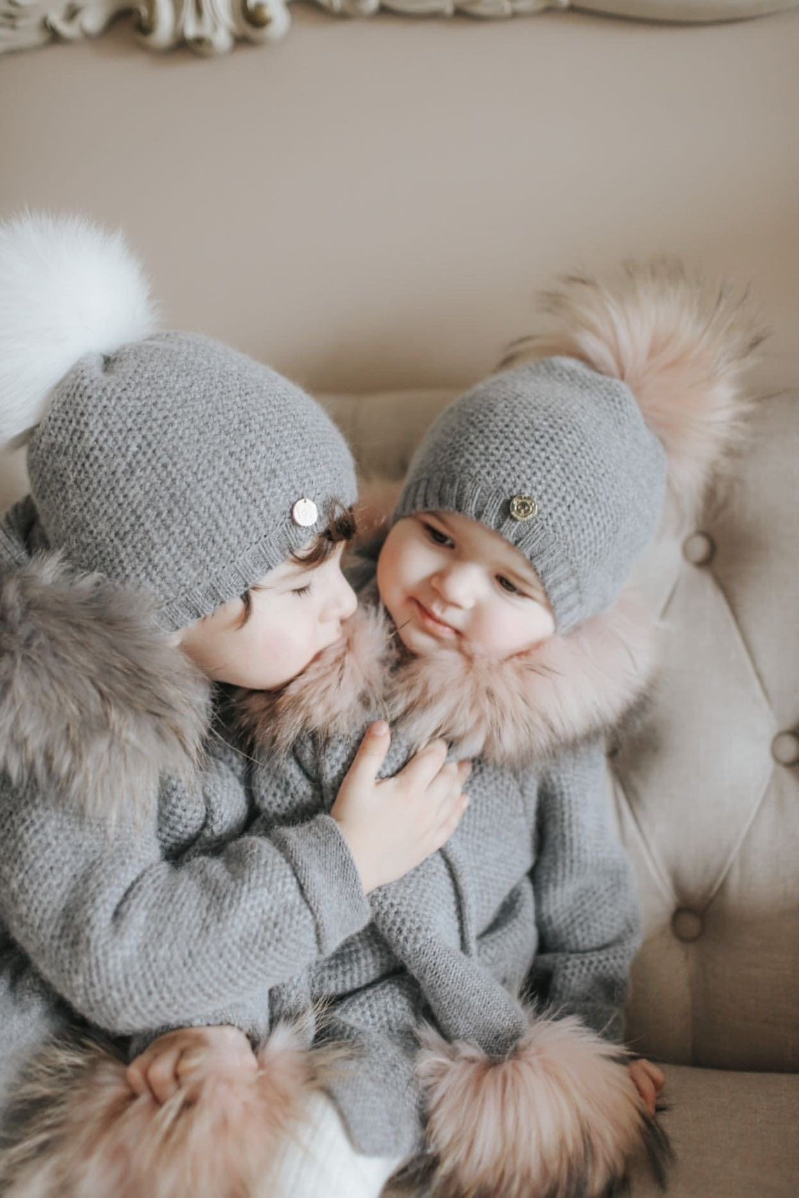Unisex | Honeycomb Grey Cashmere Beanie Hats Pink Pom | Gray