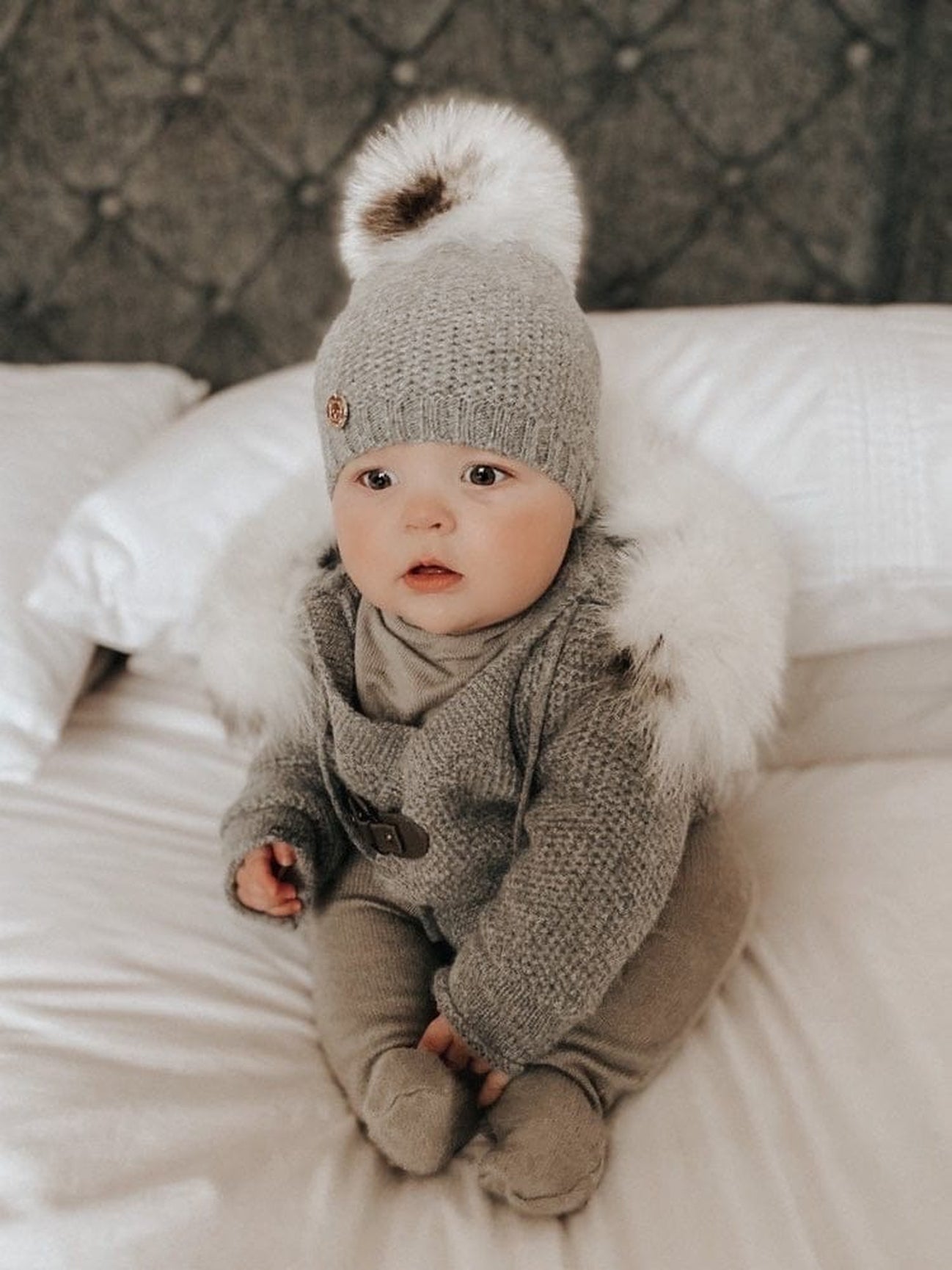 Unisex | Honeycomb Grey Cashmere Pram Coat with White Print Trim | Gray