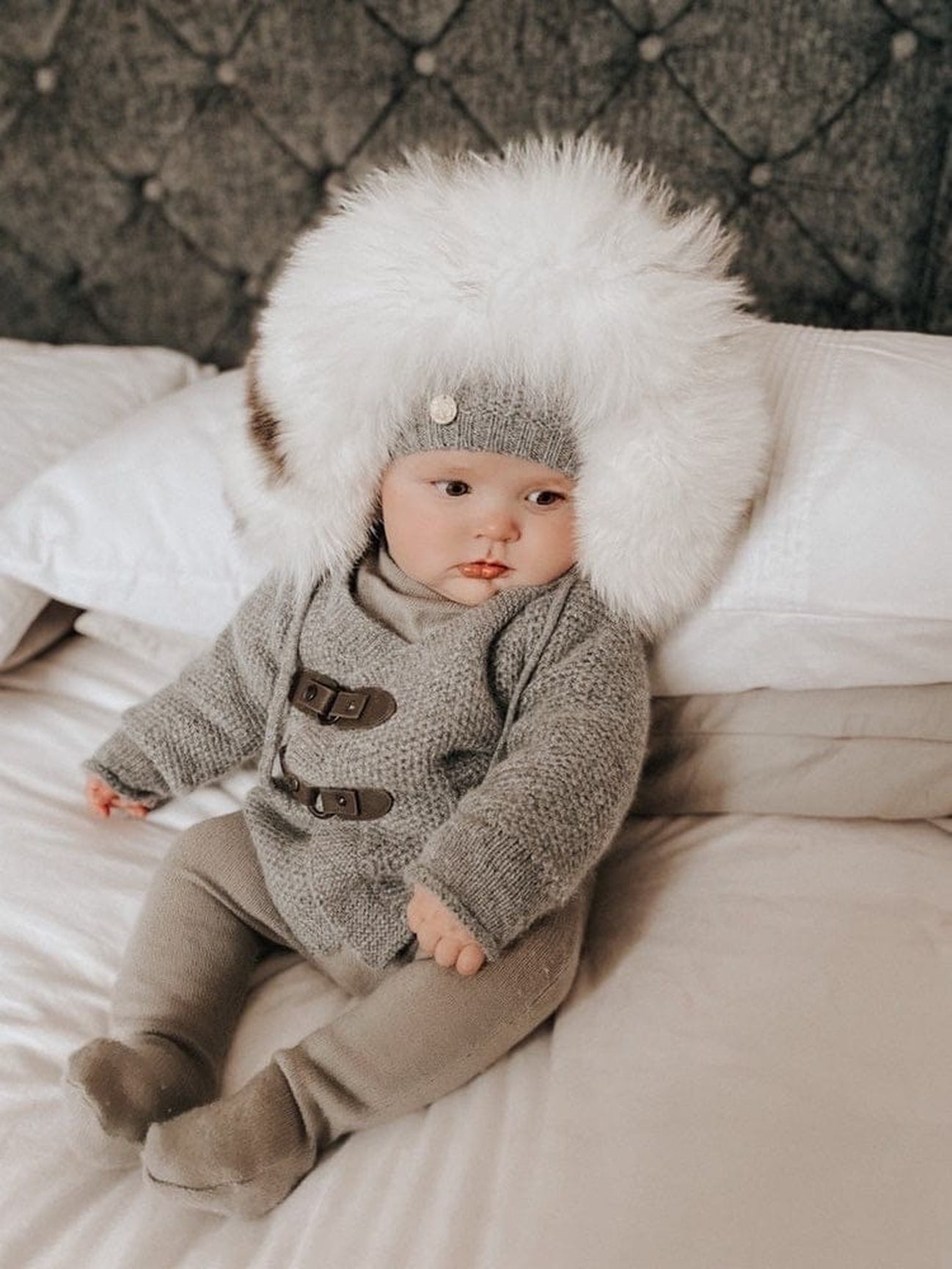Unisex | Honeycomb Grey Cashmere Pram Coat with White Print Trim | Gray