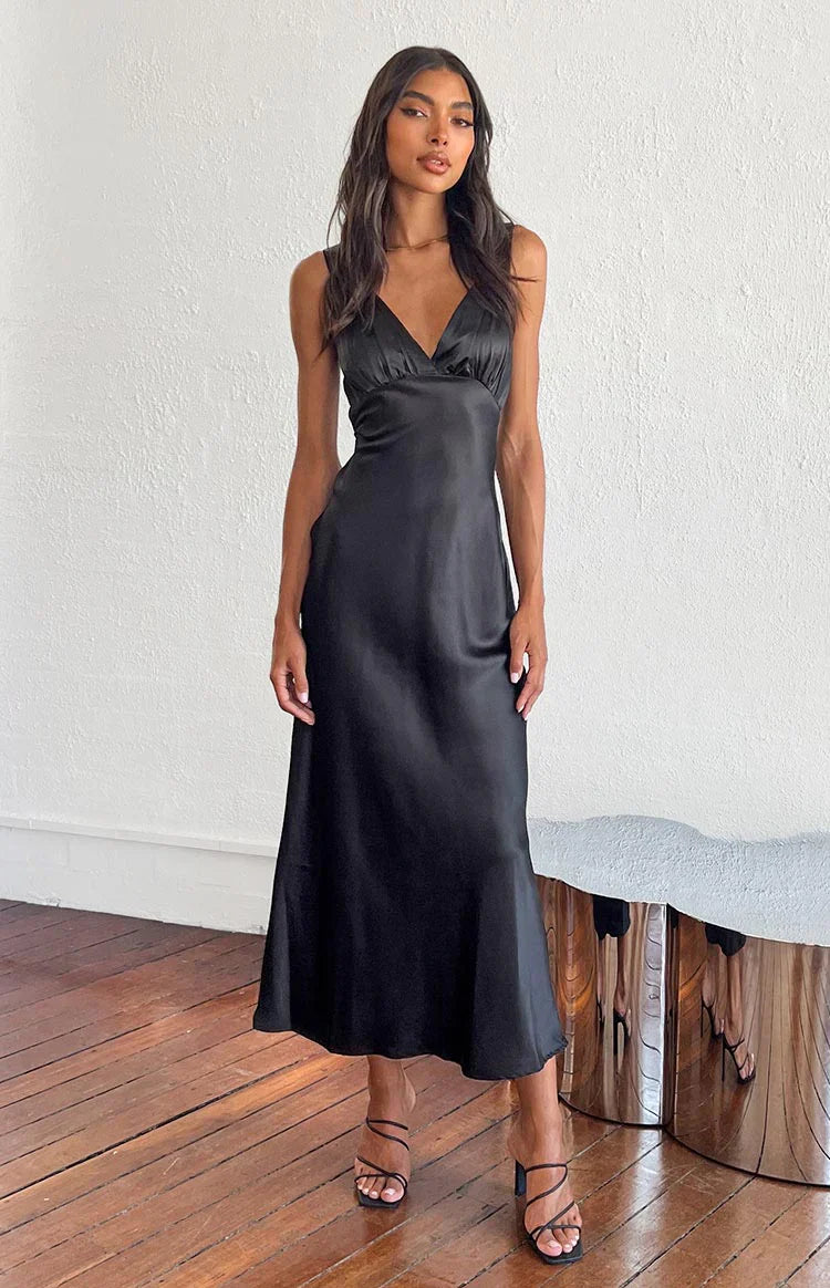 Verlaine Satin Maxi Dress | Black