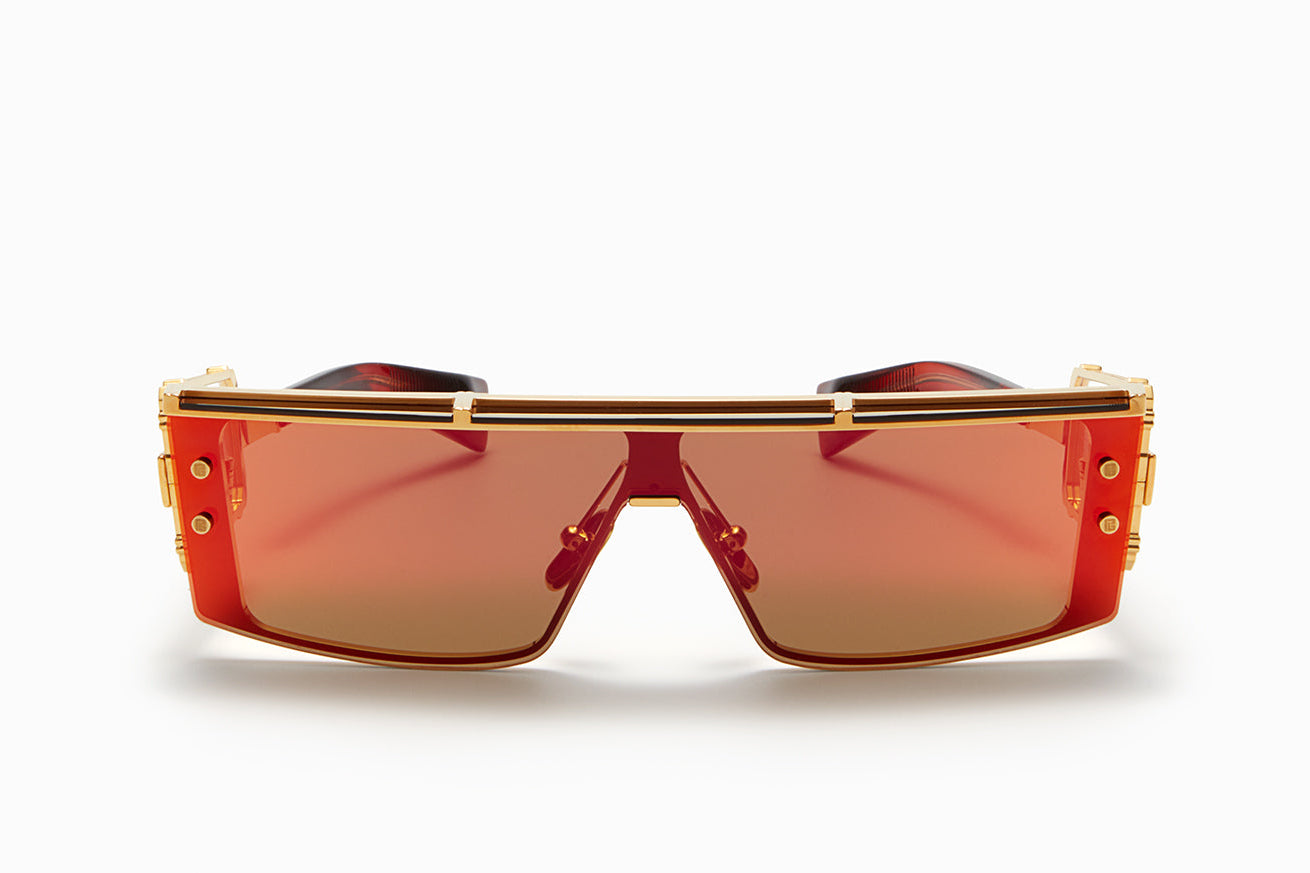 Unisex | Wonder Boy - III Sunglass | Gold - Red Swirl - Side Lens w /PB pattern | Dark Brown w/ Red Mirror