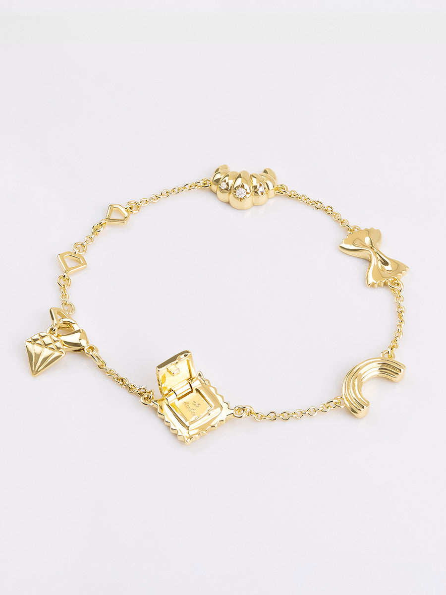Food Party Charm Bracelet | 5A Grade Cubic Zirconia | 14K Gold Plated Brass