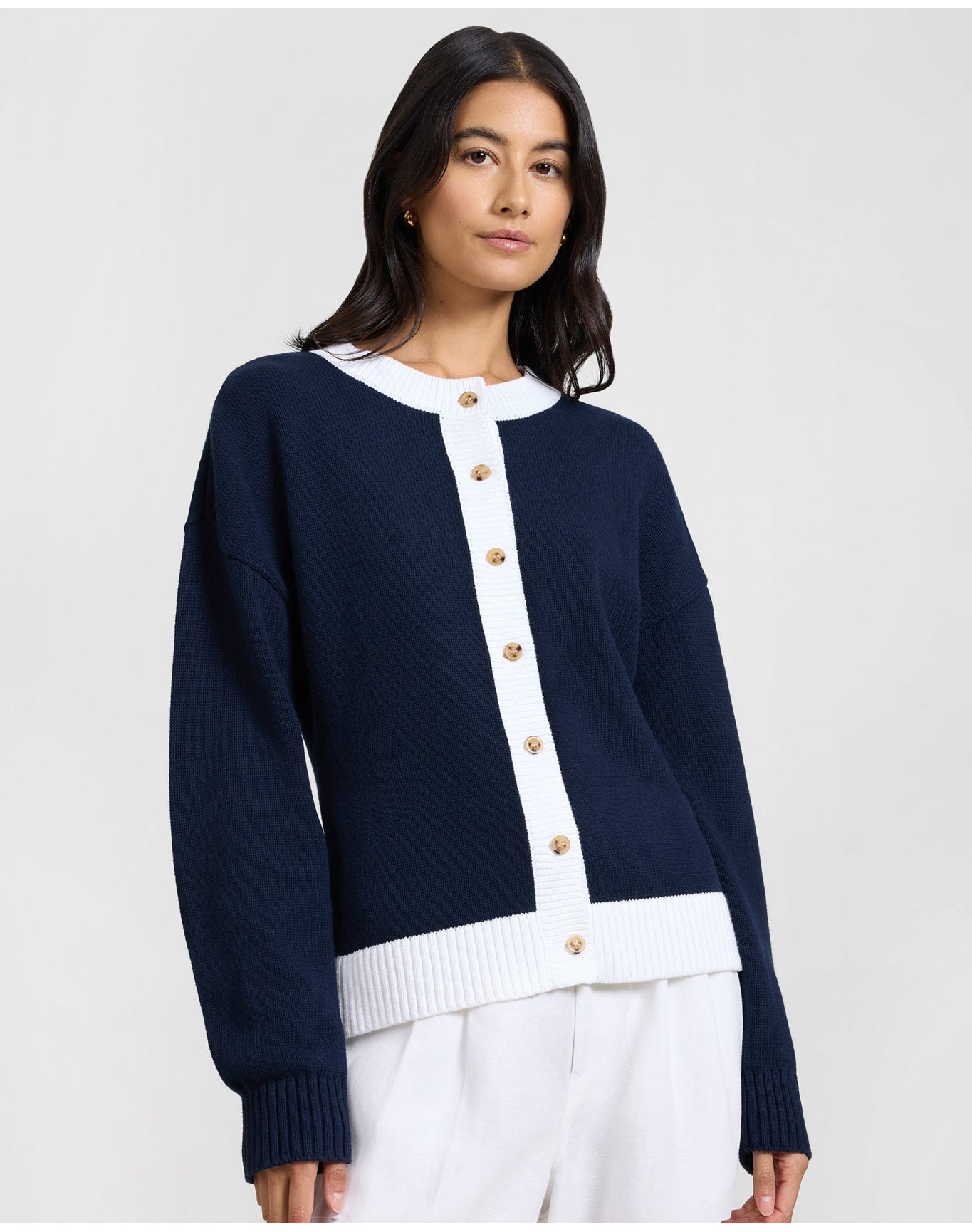 Women | Cotton Fitted Cardigan | Noir Navy x White