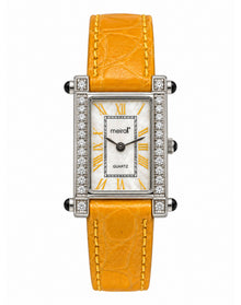 Yellow Diamond Rectangular Watch Genuine Leather Band | White