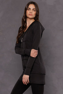 Women | Raw Edge Empire Waist Long Zip Hoodie | Black