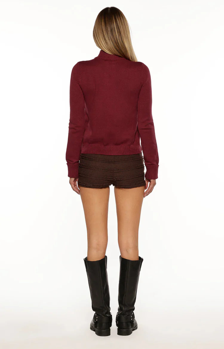 Groove Star Zip Up Knit Sweater | Burgundy