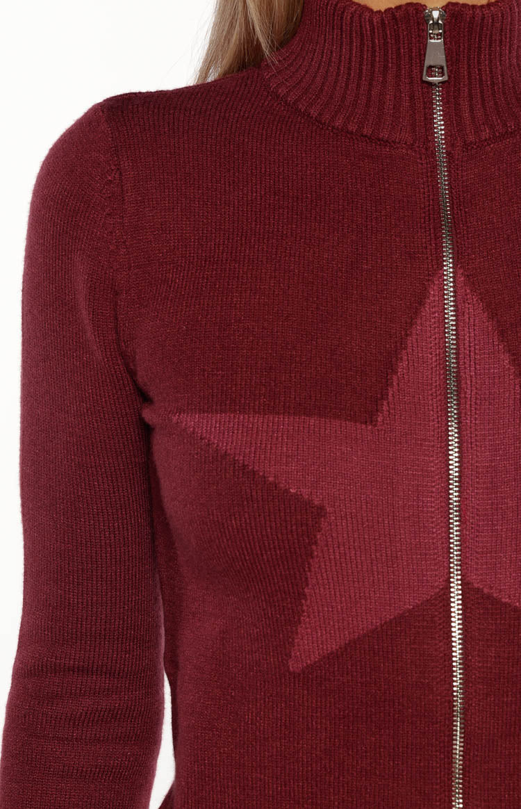 Groove Star Zip Up Knit Sweater | Burgundy