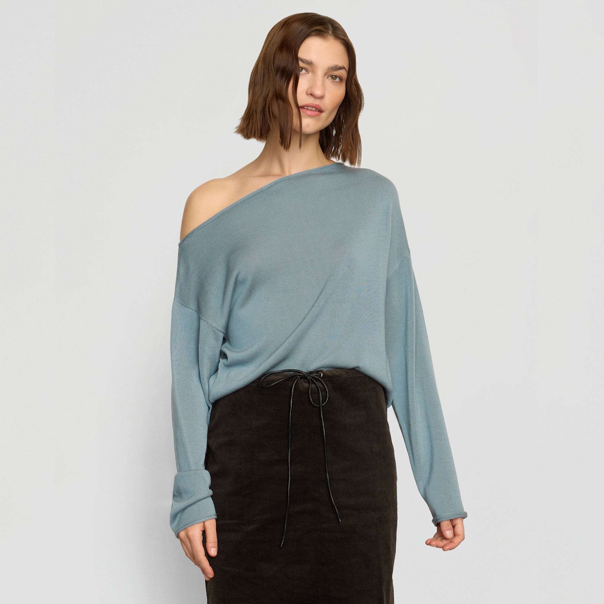 Helena | Hachi Tencel-Wool Off-Shoulder Sweater in Size Small