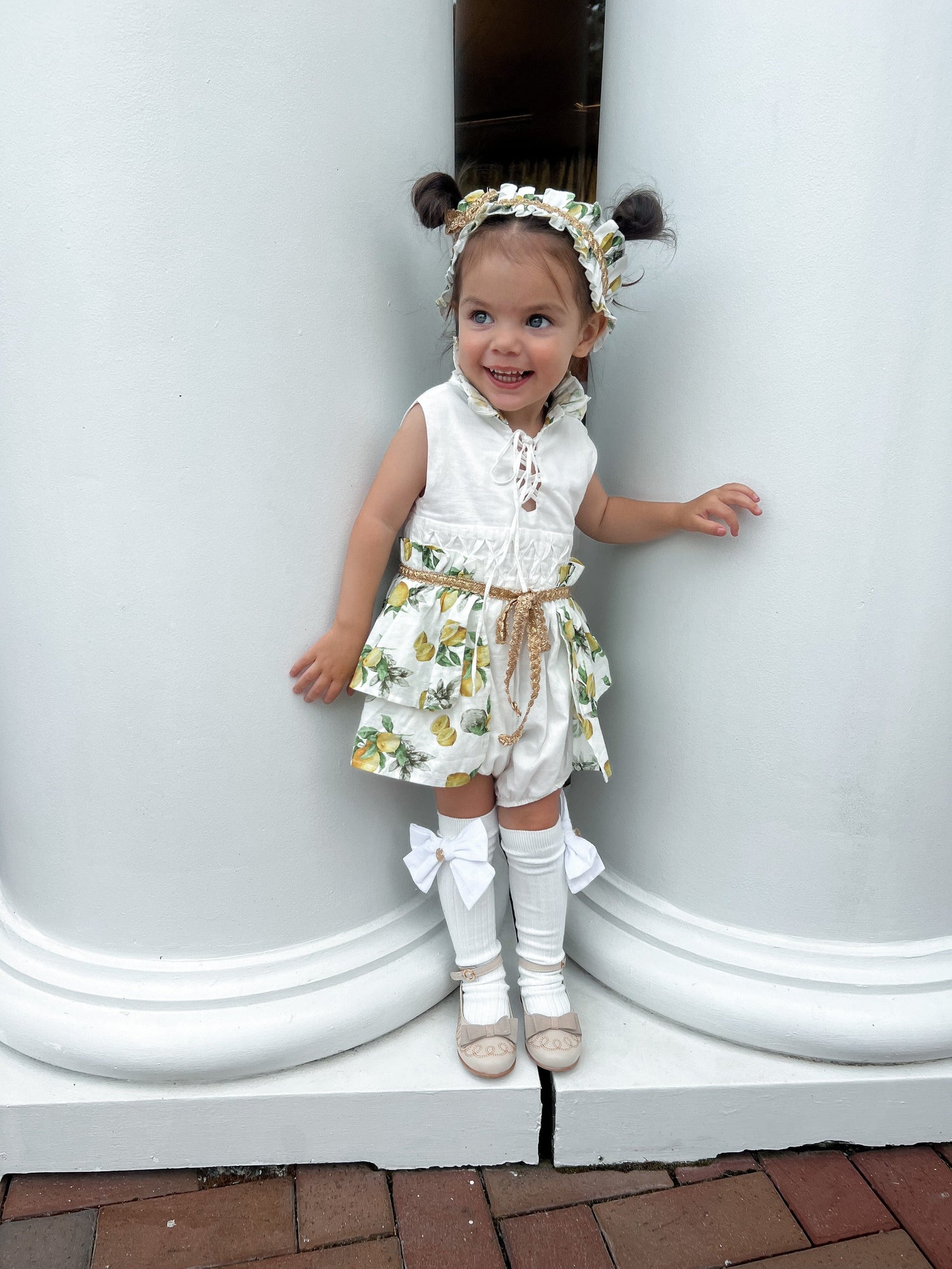 Girl | Amalfi Lemon Print Linen Romper | White x Green x Yellow